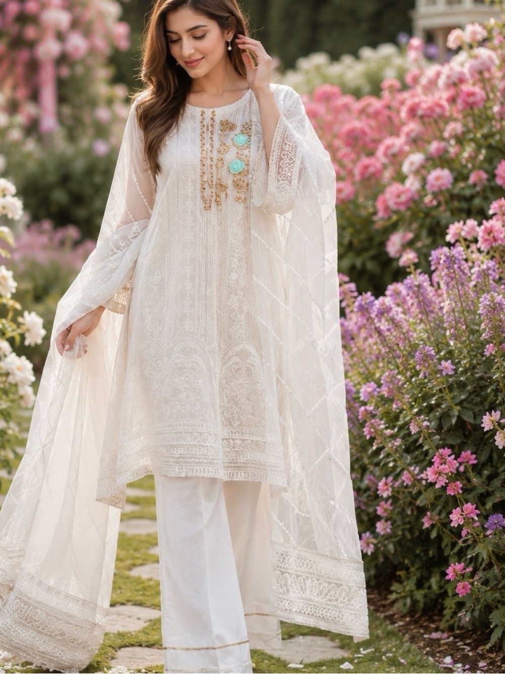 Salwaar Kameez  Gold embellishments with turquoise floral 34 or XS, 0-2
